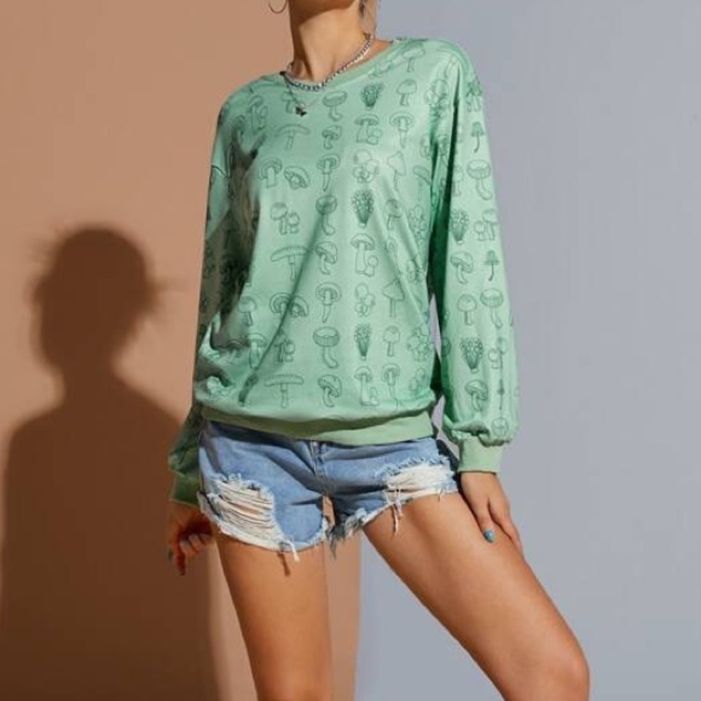 SHEIN X Saramiel Art Mushroom Print Drop Shoulder Sweatshirt, Green, Small, NWT - Picture 4 of 8